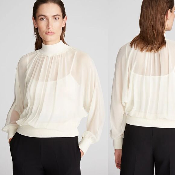 HALSTON Size 16 Aubrey Georgette Silk Top with Merino Wool Rib Knit Trim Blouse - Picture 1 of 16